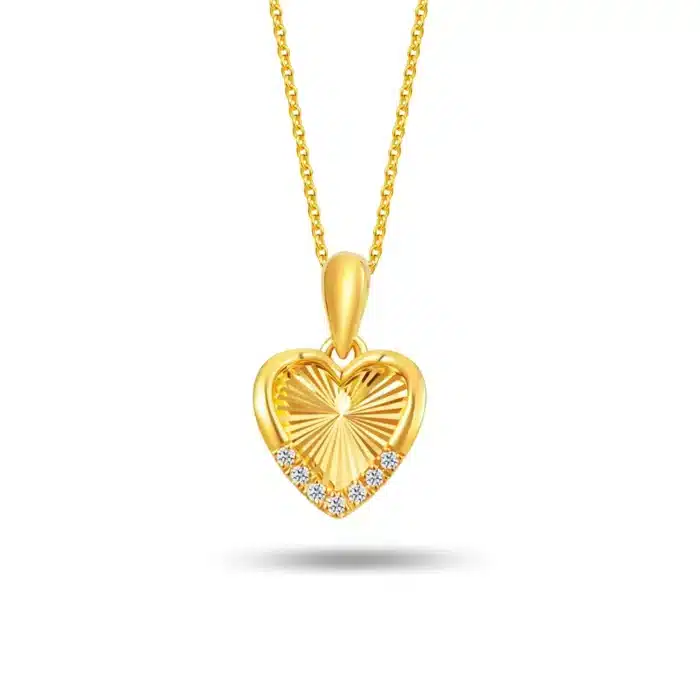 SK Radiant Frilled Heart diamond necklace for women, featuring a 916 yellow gold frilled heart pendant adorned with lab-grown diamonds.