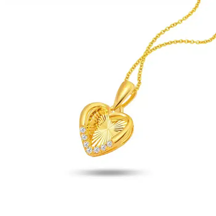 SK diamond necklace adorned with lab grown diamonds and a frilled heart in 916 yellow gold