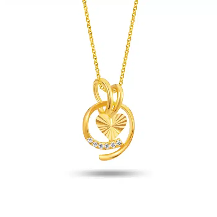 SK Loop Frilled Heart diamond necklace for women, featuring a 916 yellow gold heart pendant adorned with lab-grown diamonds.