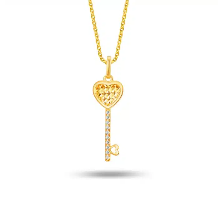 SK diamond necklace with a pendant featuring a key with a faceted heart and dotted with lab grown diamonds