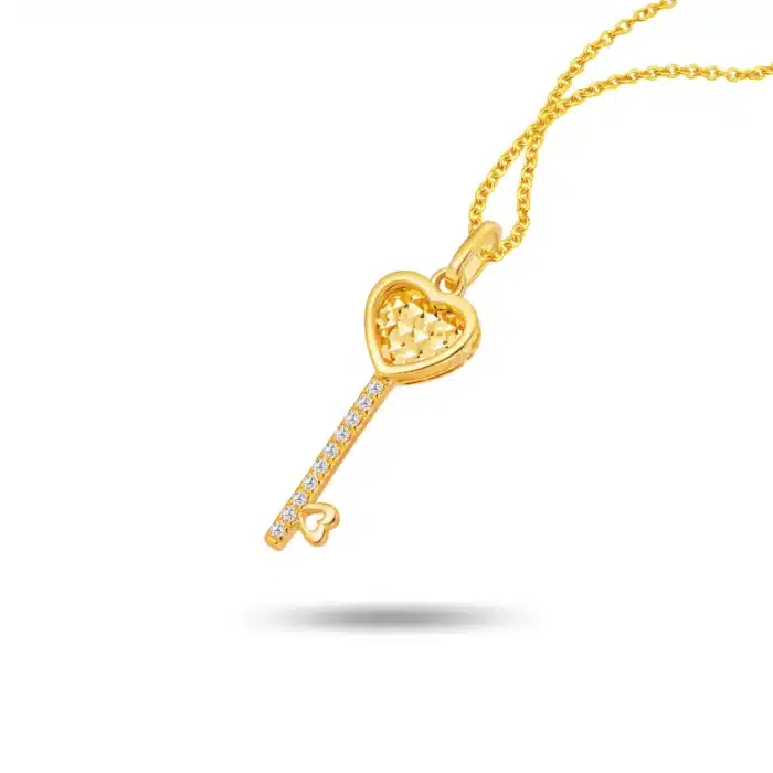 SK diamond necklace with a heart and key design in 916 yellow gold and lab grown diamonds