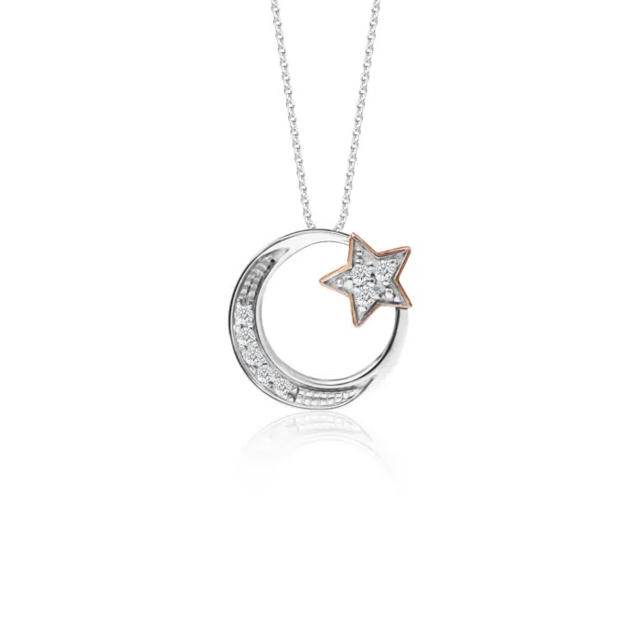 SK diamond necklace featuring a crescent moon and star design in white gold and dazzling lab grown diamonds