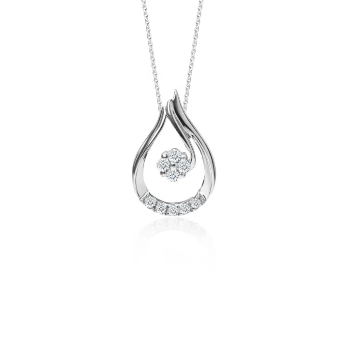 SK diamond necklace with a teardrop design in white gold and a cluster of lab grown diamonds