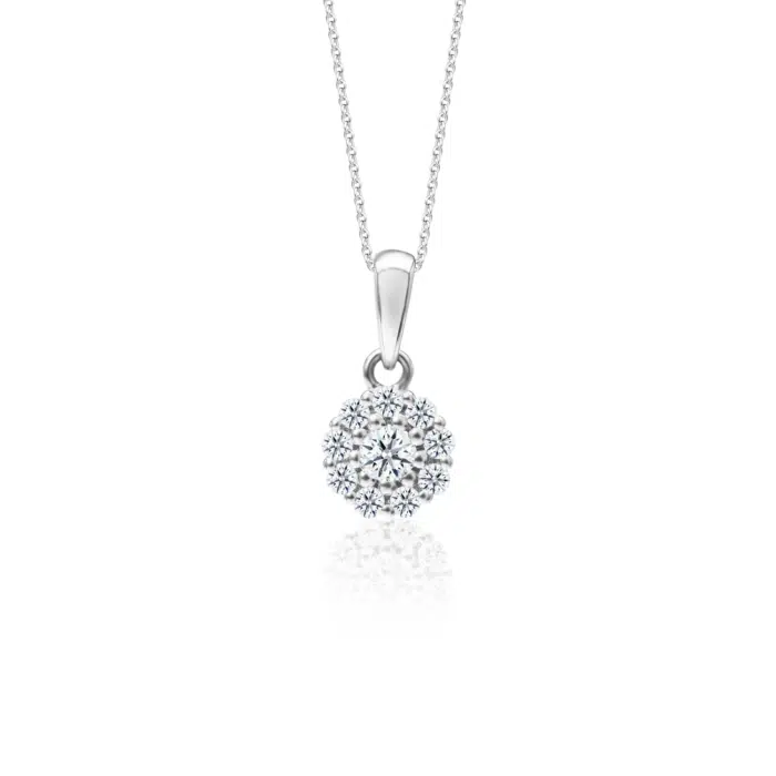 SK diamond necklace with a stunning cluster of sparkling lab grown diamonds in a beautiful floral design