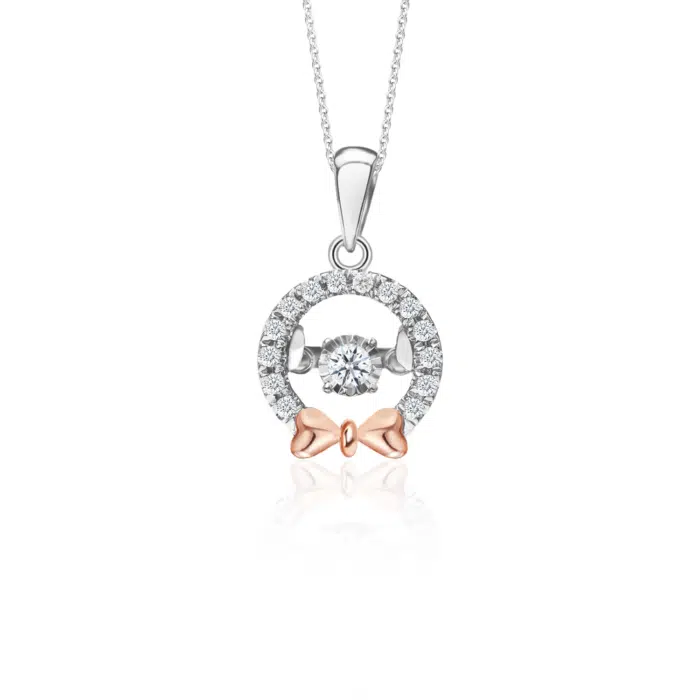 SK diamond necklace with a circular white gold design and a charming rose gold bow