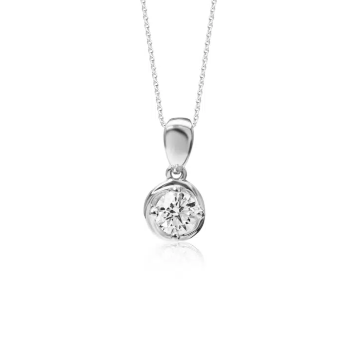 SK diamond necklace with a brilliant lab grown diamond in the middle in white gold material