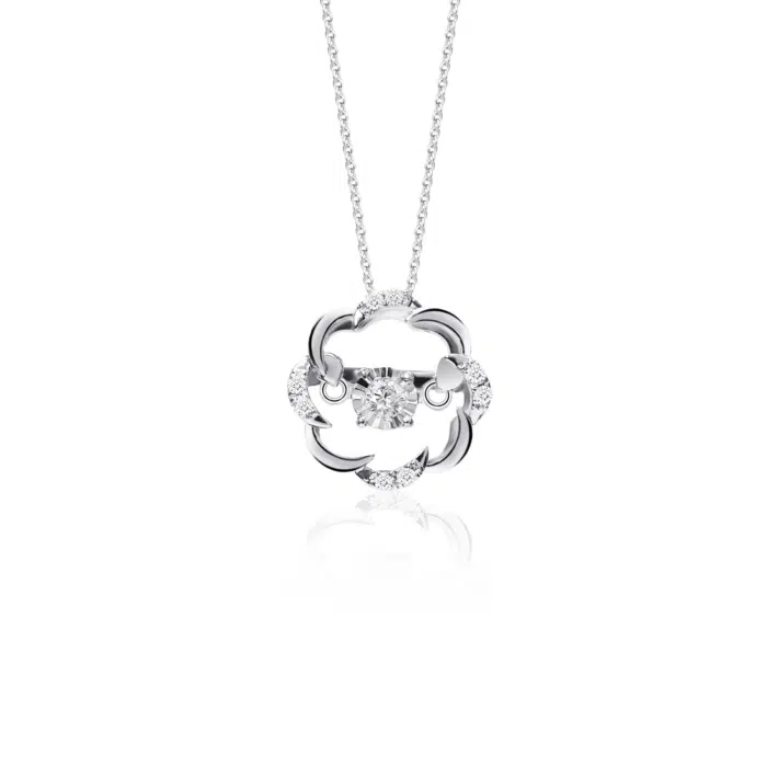 SK diamond necklace featuring a radiant lab grown diamond surrounded by an intricate floral design in white gold