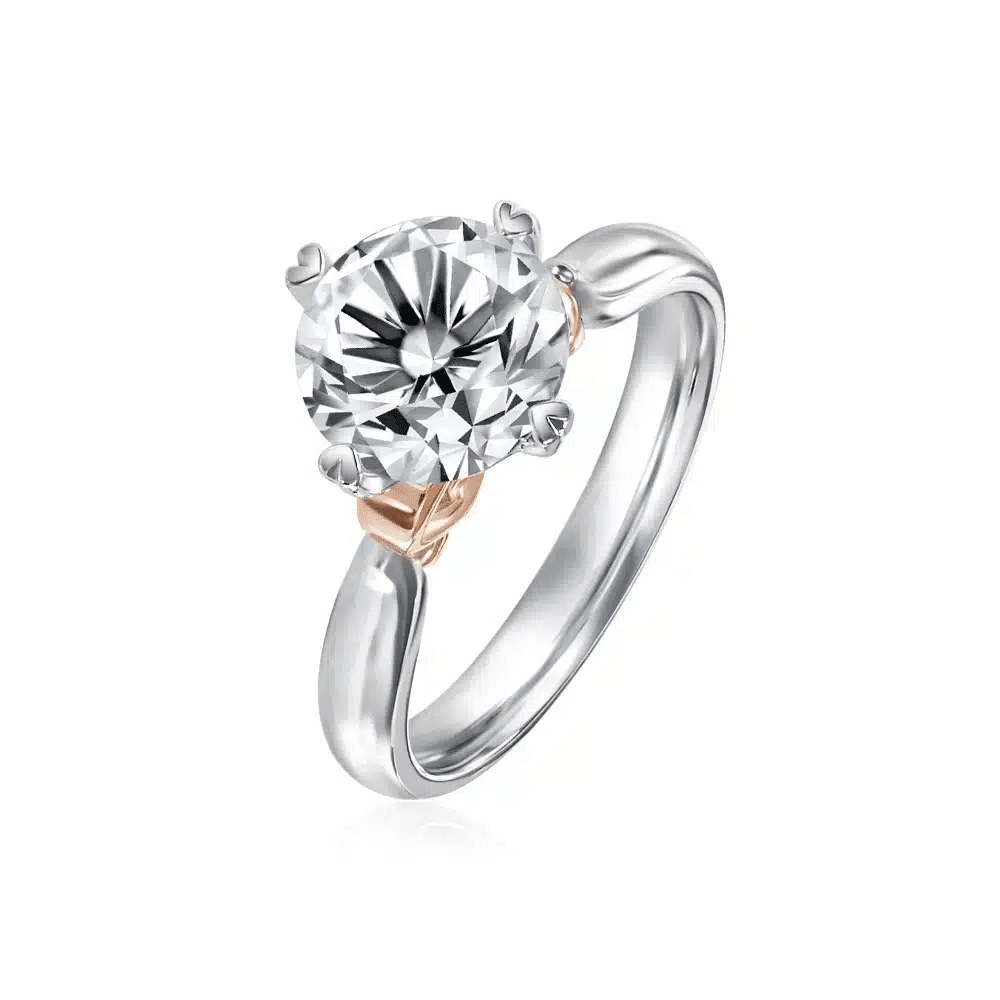 SK rose gold diamond ring in four clean heart shaped prongs made from white gold and rose gold material with 101 facets lab grown diamond viewed from the side