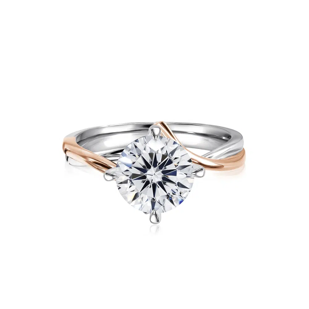 SK rose gold diamond engagement ring with an alluring and timeless design with four prongs in white gold and rose gold and lab grown diamond