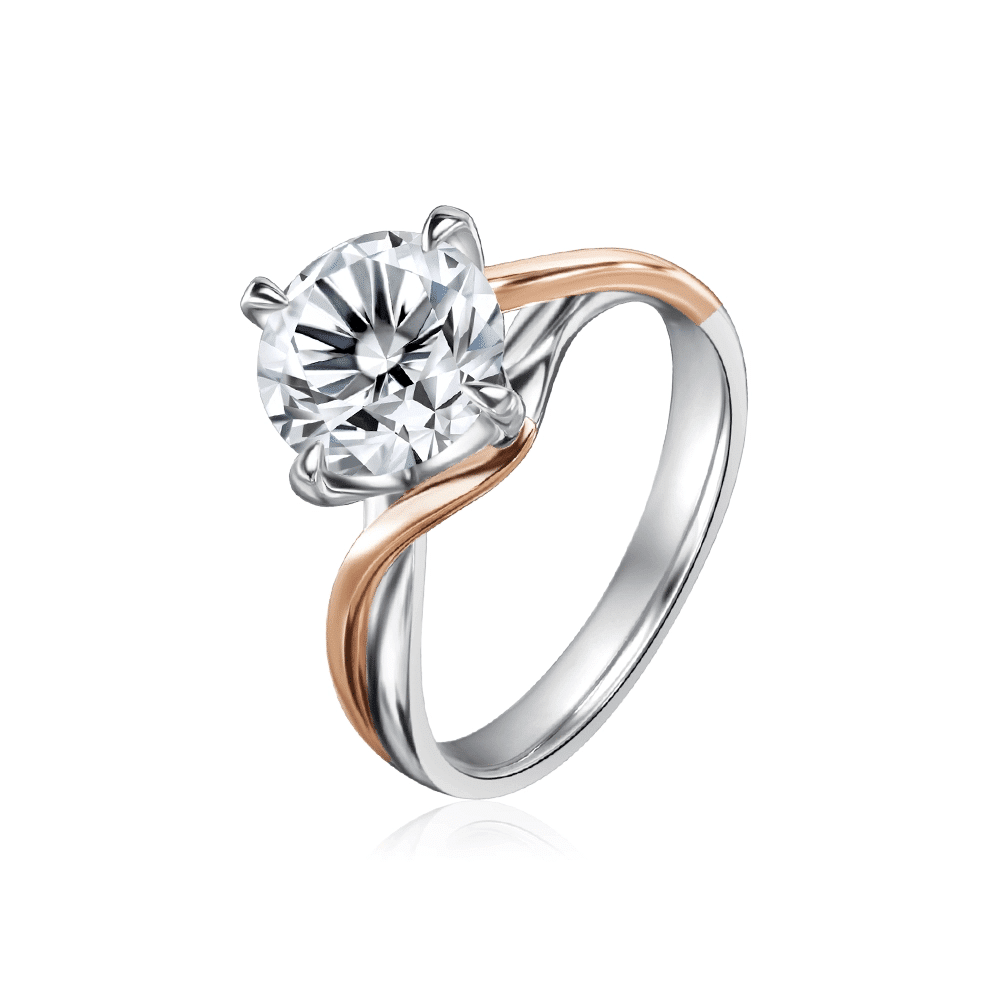 SK rose gold diamond ring with an alluring and timeless design with four prongs in white gold and rose gold and lab grown diamond viewed from the siide