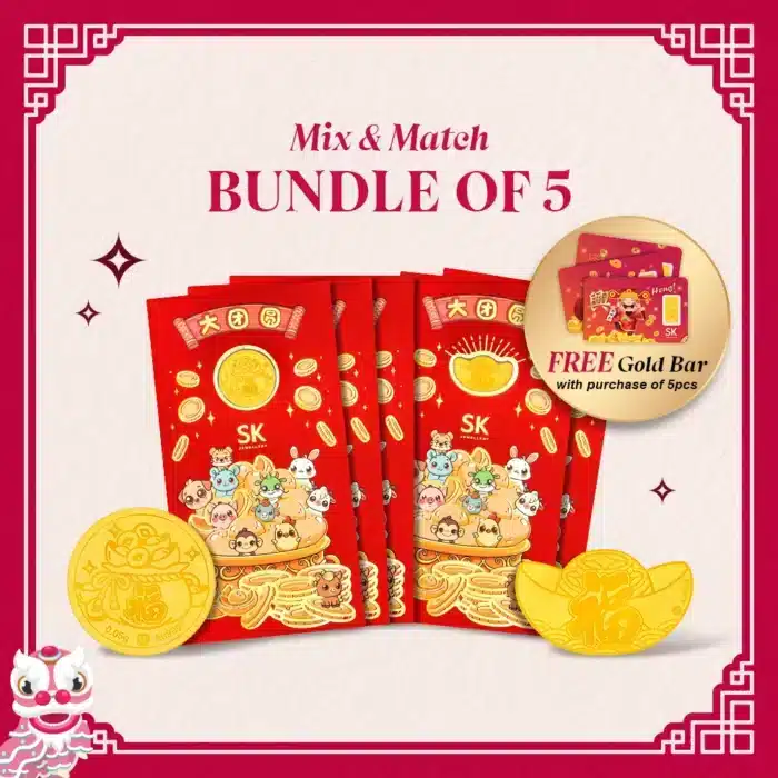 大团圆 Fortune Bag & Ingot of Fortune 999 Pure Gold Coin Ang Pow Bundle of Five