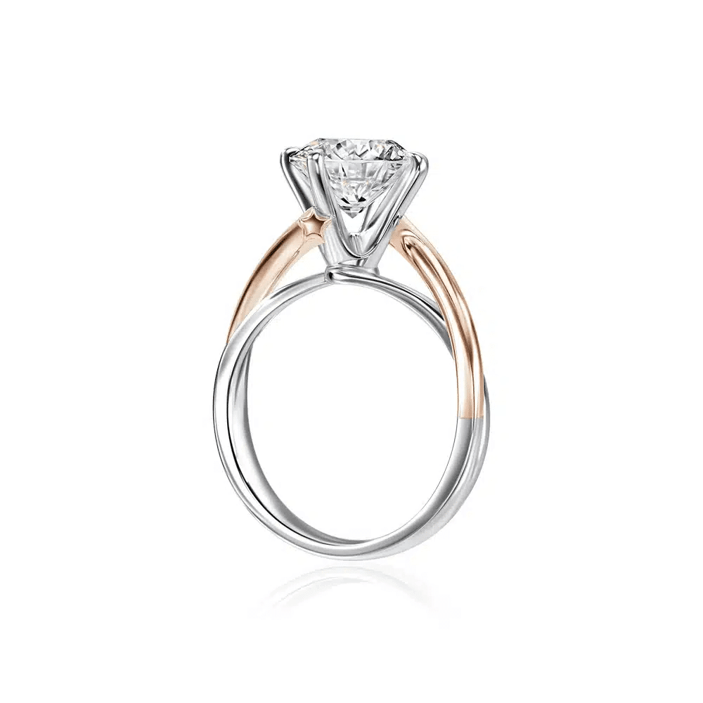 SK rose gold diamond ring with dual tone band in white gold and rose gold equipped with 101 facets lab grown diamond viewed vertically